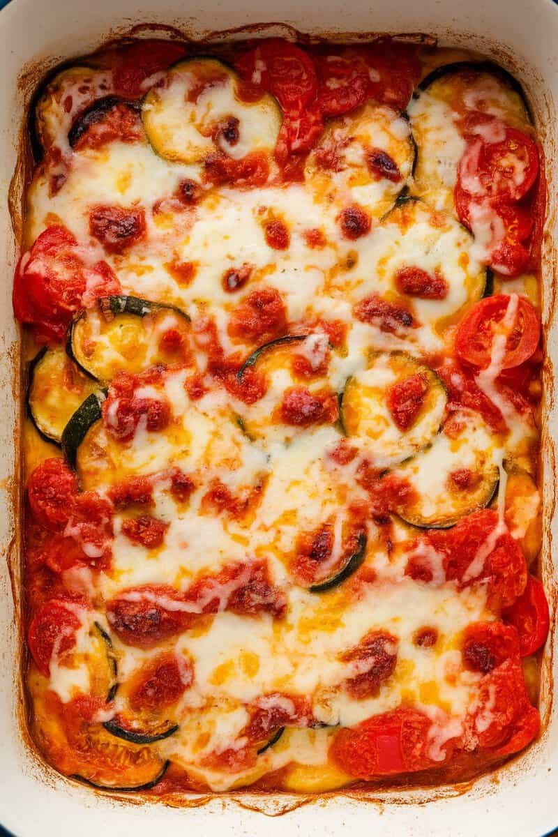 A delicious zucchini and tomato bake with melted mozzarella cheese on top