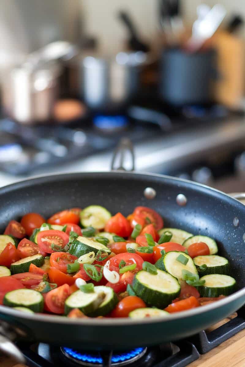 A stir-fry of sliced zucchini and cherry tomatoes in a frying pan on a stove.