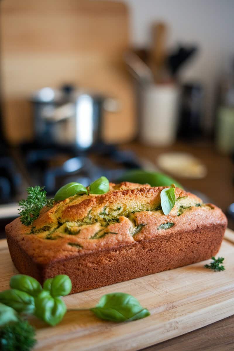 Freshly baked zucchini bread with herbs on a wooden cutting board.