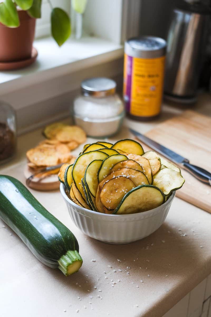 Bowl of freshly made zucchini chips with a whole zucchini and seasoning in the background