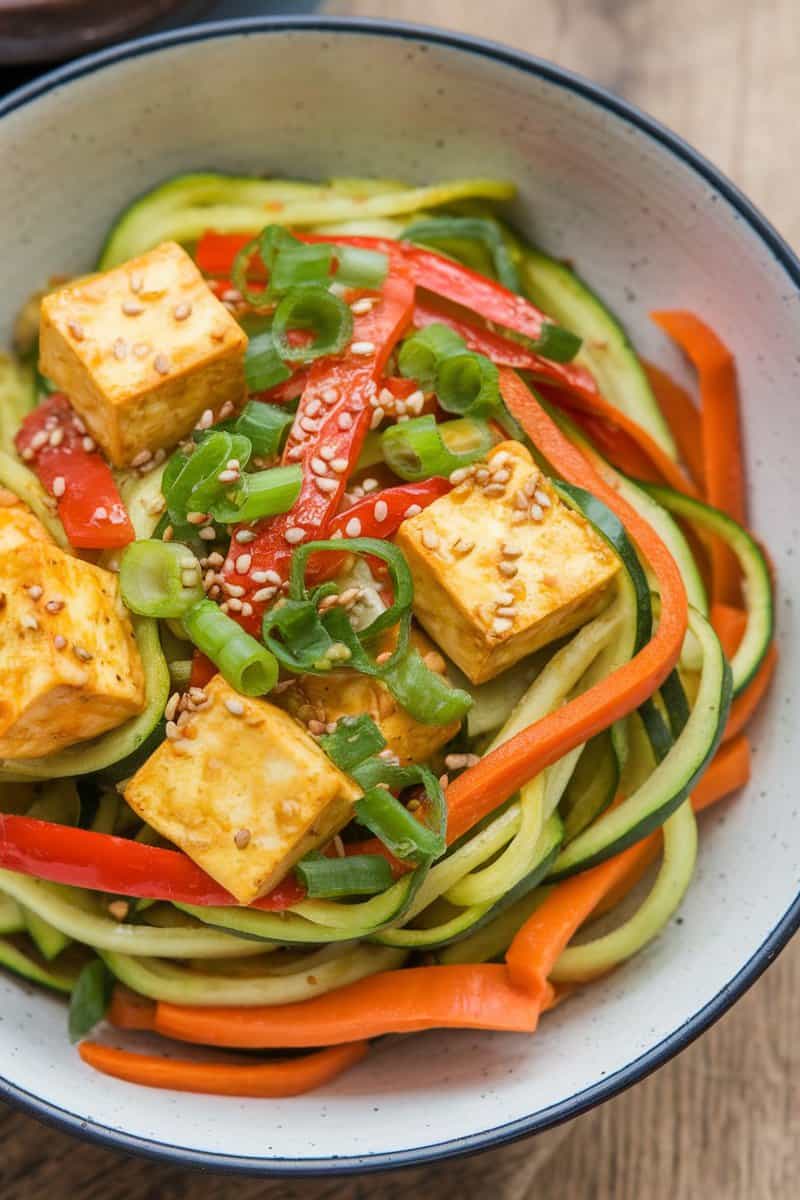 Zucchini Noodle Stir-Fry with Tofu featuring colorful vegetables and topped with sesame seeds