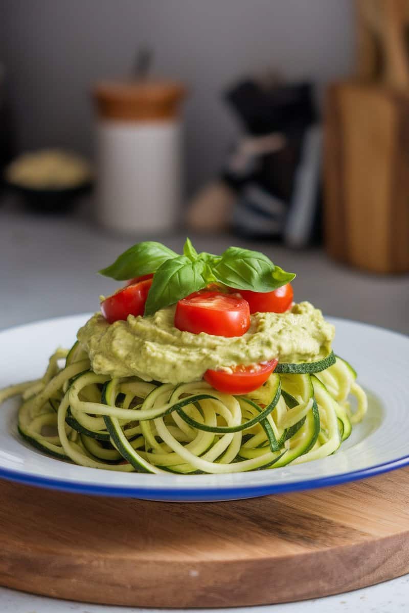 A plate of zucchini noodles topped with creamy avocado sauce and cherry tomatoes.