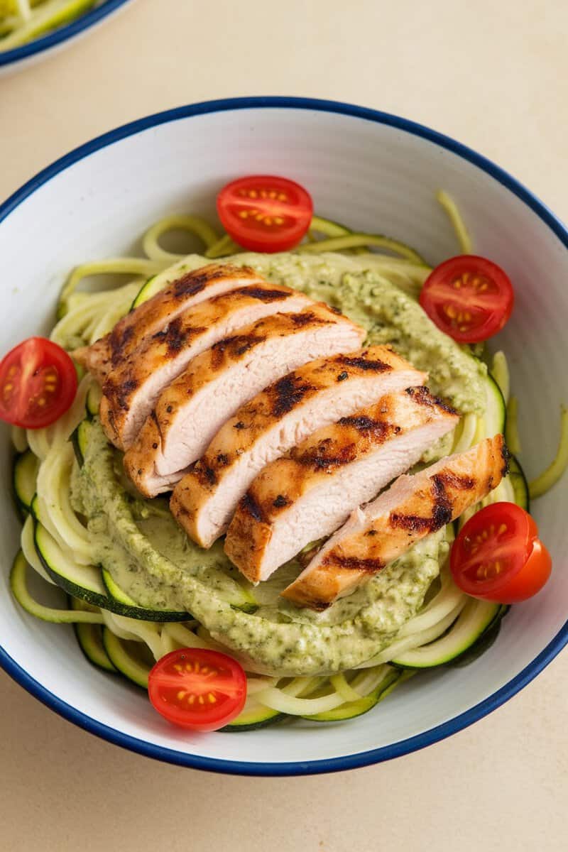 A bowl of zucchini noodles topped with grilled chicken, pesto, and cherry tomatoes.