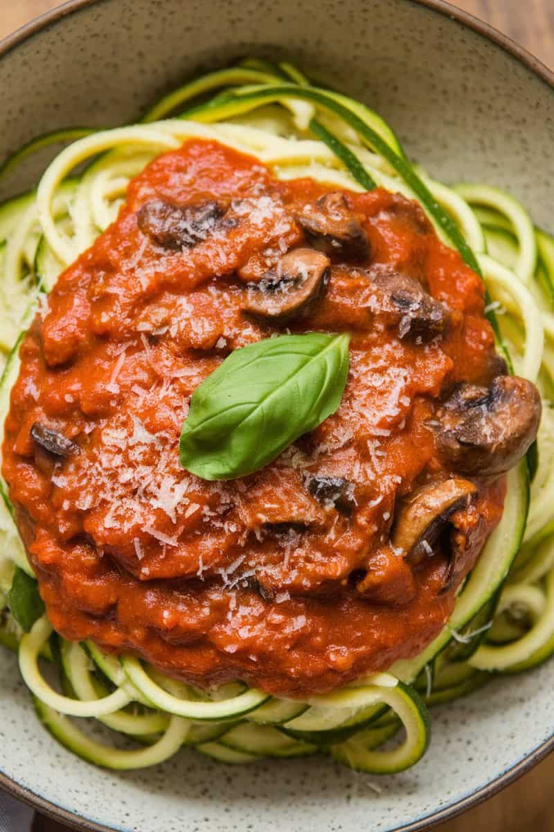 A bowl of zucchini noodles topped with mushroom marinara sauce and fresh basil