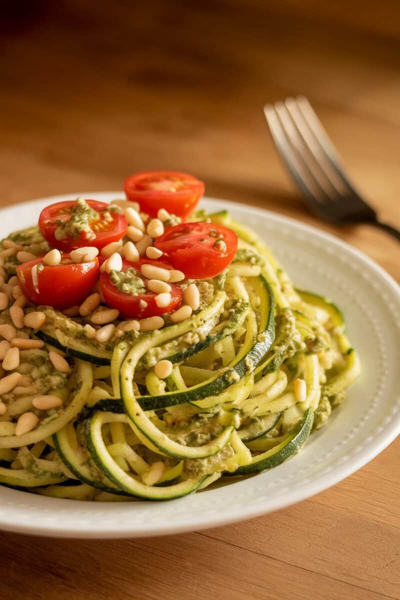 Plate of zucchini noodles with pesto, cherry tomatoes, and pine nuts.