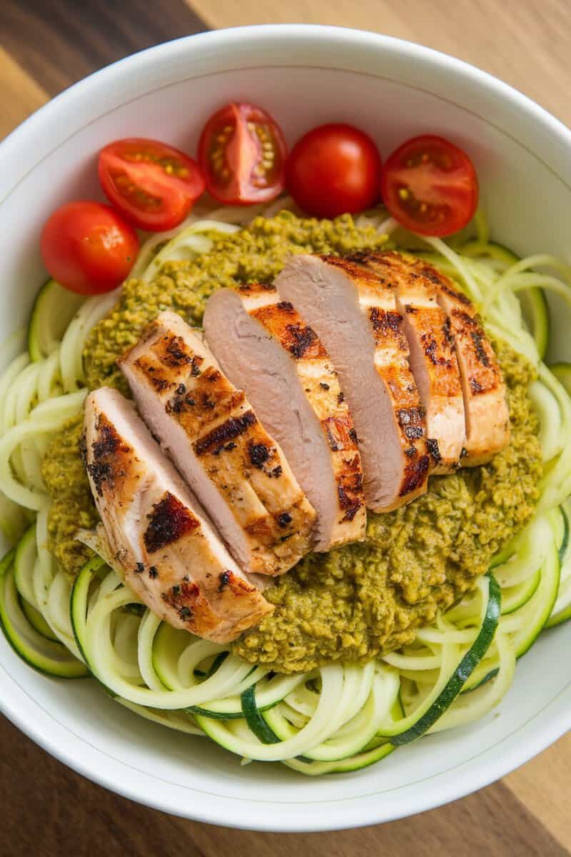 A bowl of zucchini noodles topped with grilled chicken and pesto, garnished with cherry tomatoes.