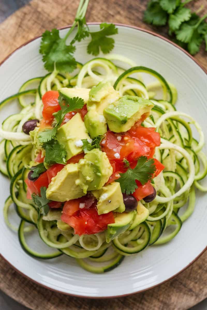 A bowl of zucchini noodles topped with tomato avocado salsa and garnished with cilantro.