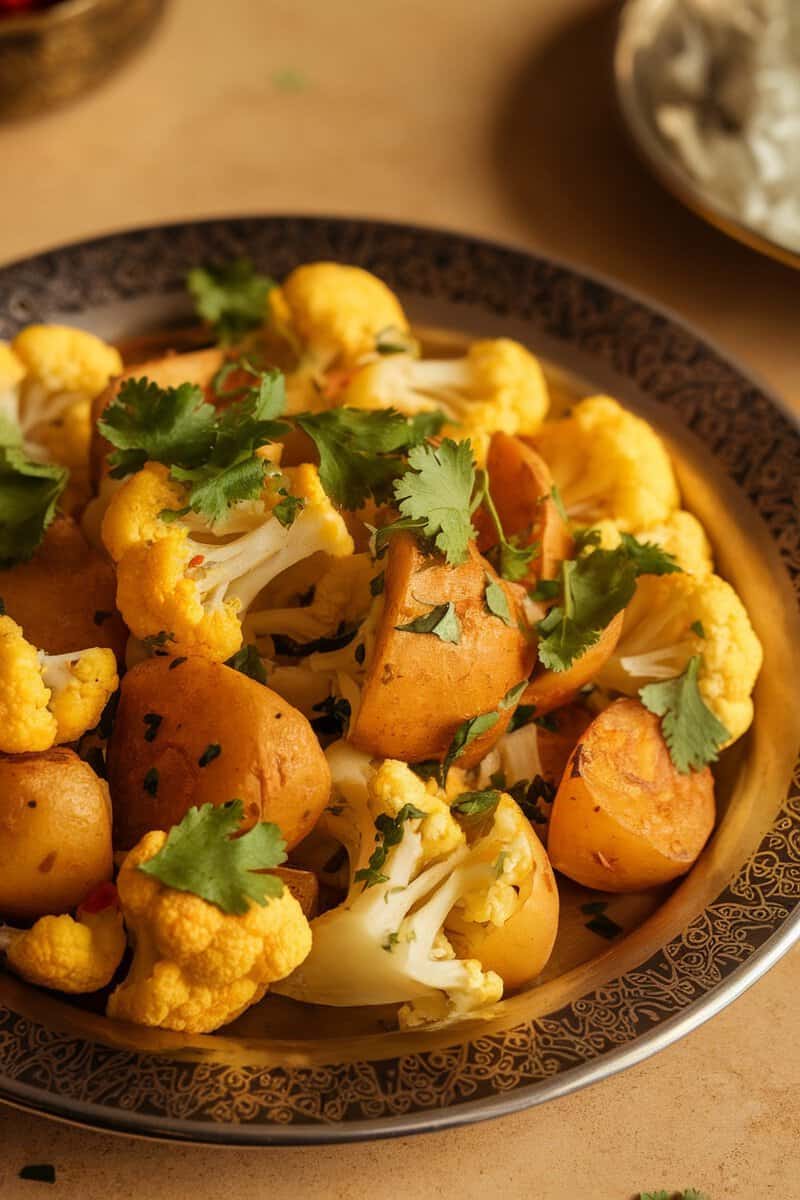 Aloo Gobi dish with potatoes and cauliflower garnished with cilantro