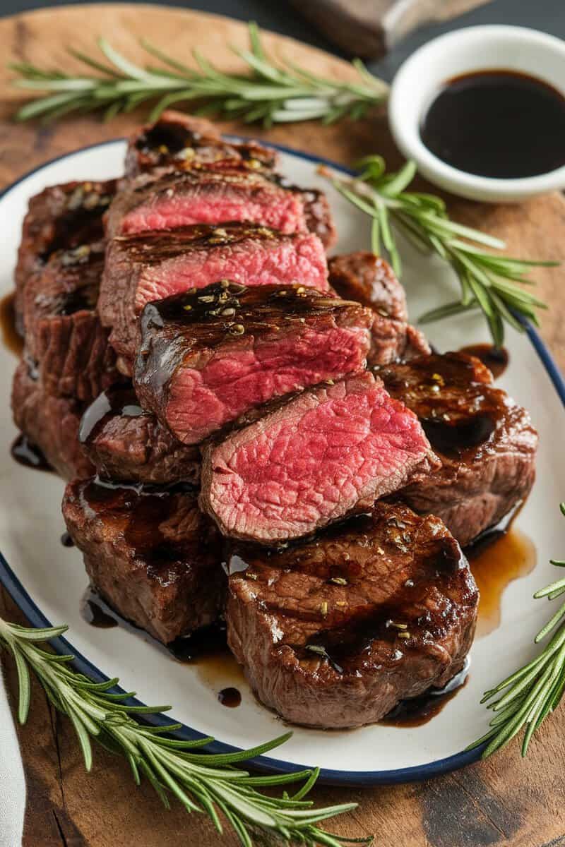 Delicious balsamic glazed steak bites served on a platter.