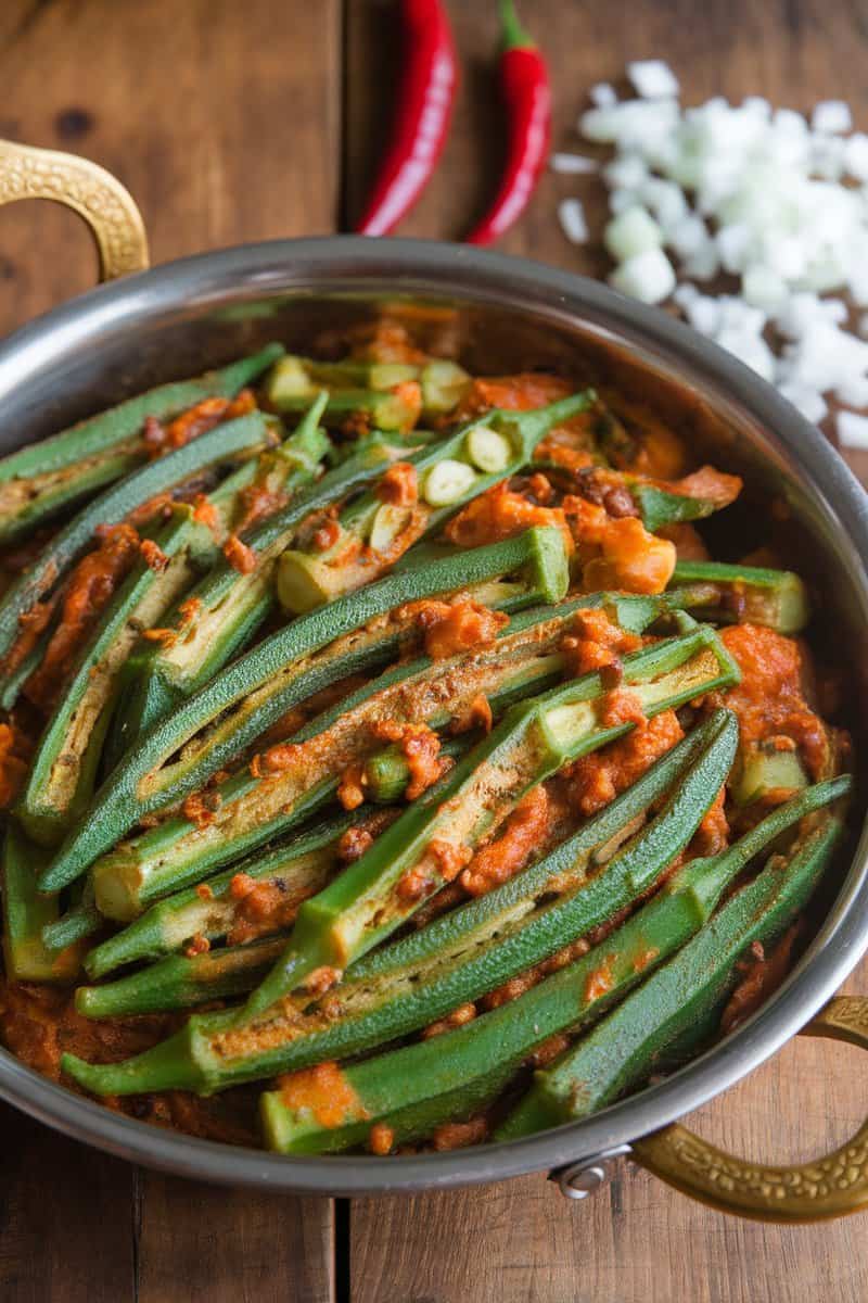 A pan of Bhindi Masala with stir-fried okra and spices