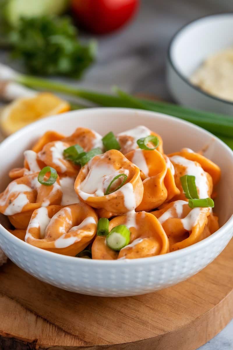 A bowl of Buffalo Chicken Tortellini topped with ranch dressing and green onions.