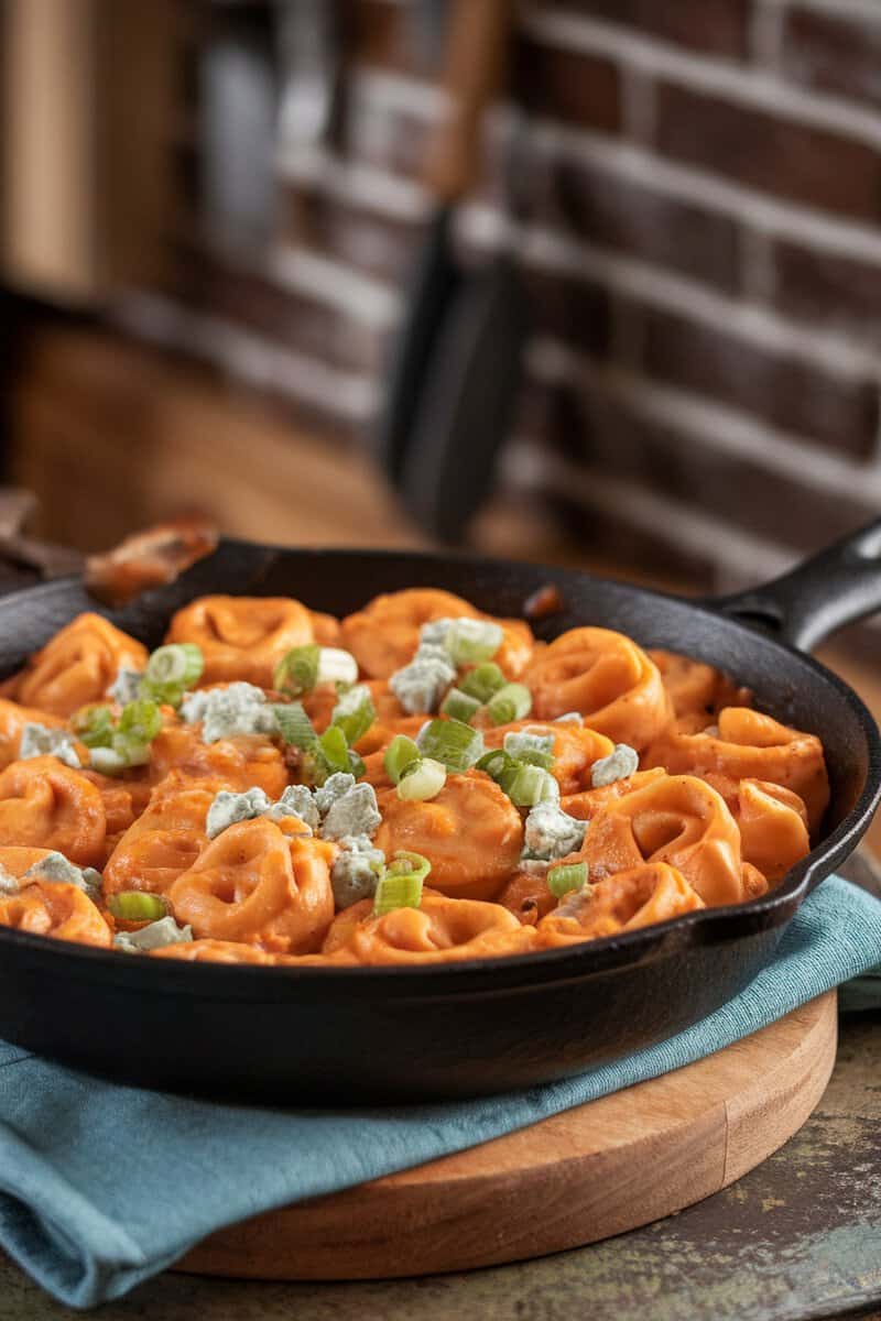 A skillet dish of Buffalo Chicken Tortellini topped with green onions and blue cheese.