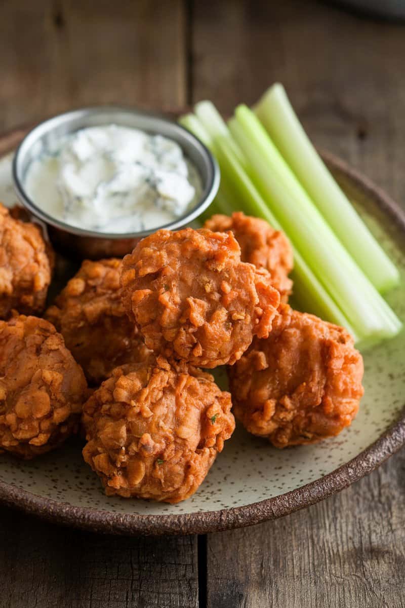 Delicious buffalo steak bites served with celery and dipping sauce