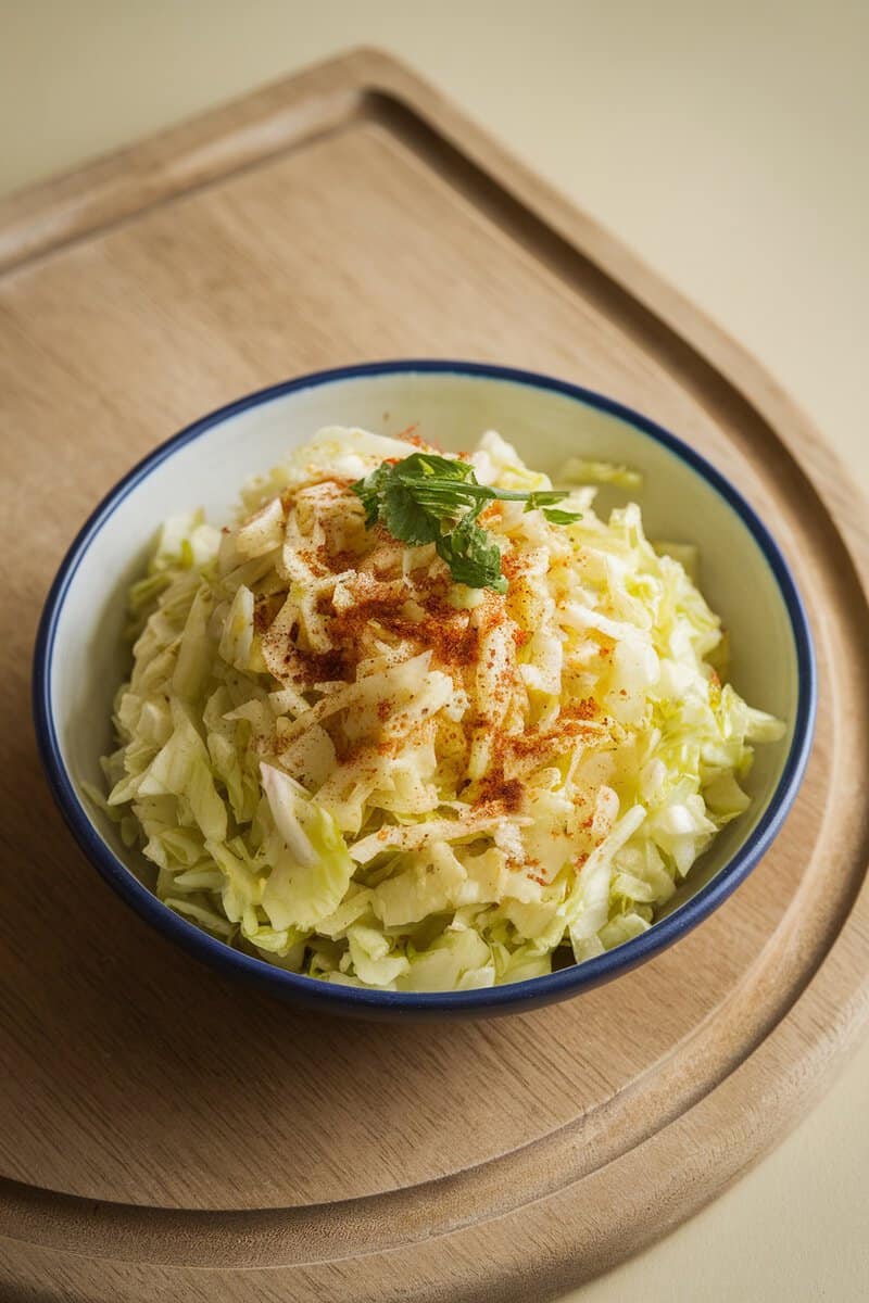 A bowl of Cabbage Sabzi topped with spices and coriander leaves.