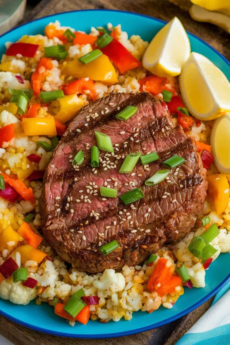 Cajun Spiced Round Steak served on a vibrant plate with cauliflower rice and colorful vegetables.