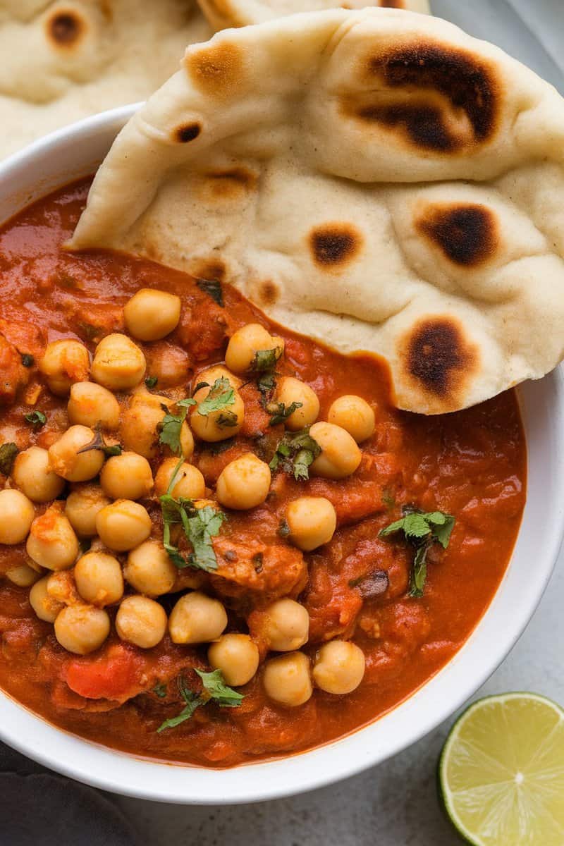 A bowl of Chana Masala with chickpeas in a tangy tomato sauce, served with naan and garnished with cilantro.