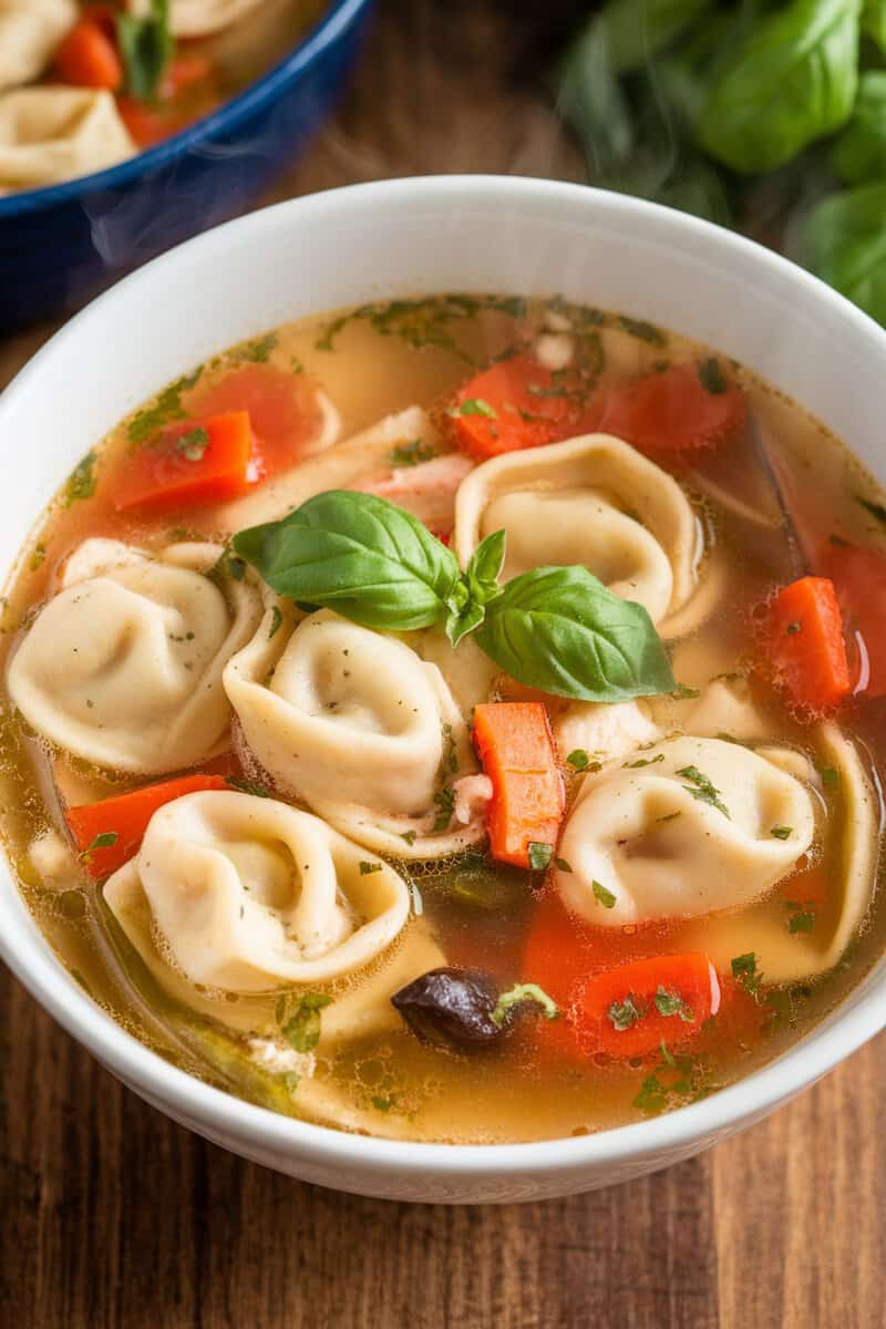 A delicious bowl of chicken tortellini soup with colorful vegetables.