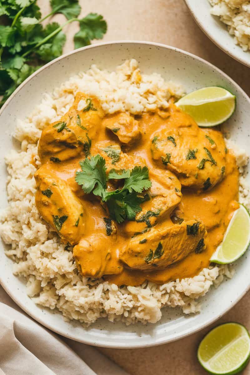 Coconut curry chicken served with cauliflower rice in a bowl