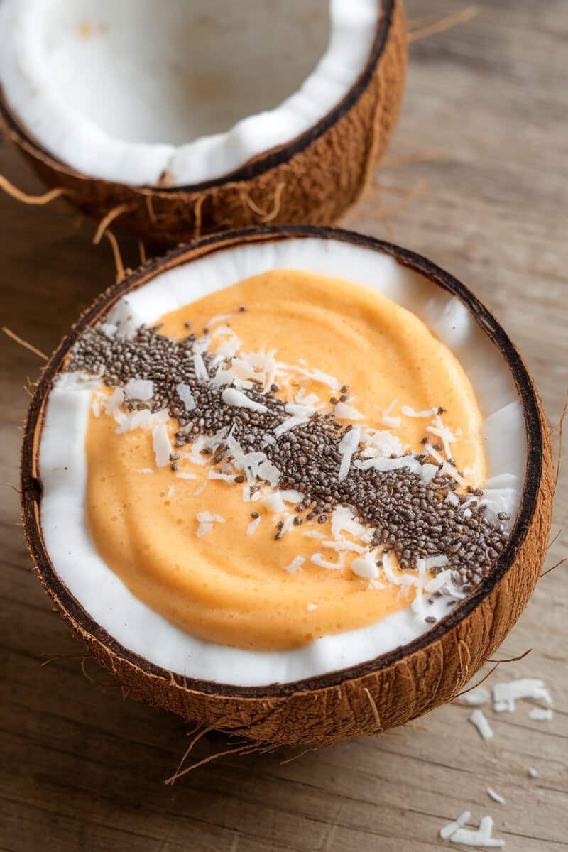 A vibrant coconut mango chia smoothie served in a coconut shell, garnished with chia seeds and shredded coconut.