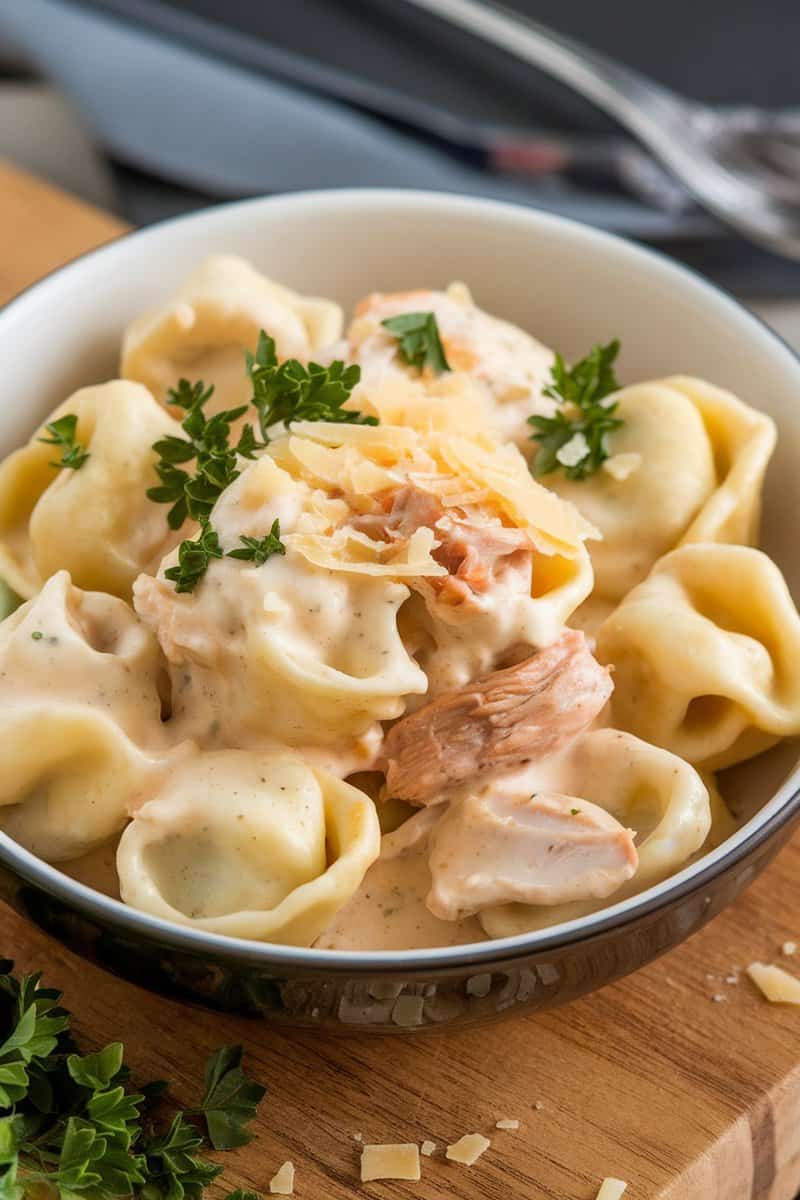 Creamy Chicken Alfredo Tortellini served in a bowl with parsley and cheese topping