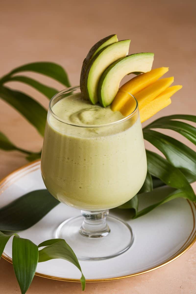 A creamy mango avocado smoothie topped with mango and green apple slices.