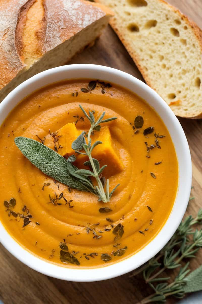 A bowl of creamy pumpkin soup garnished with herbs and accompanied by slices of bread.