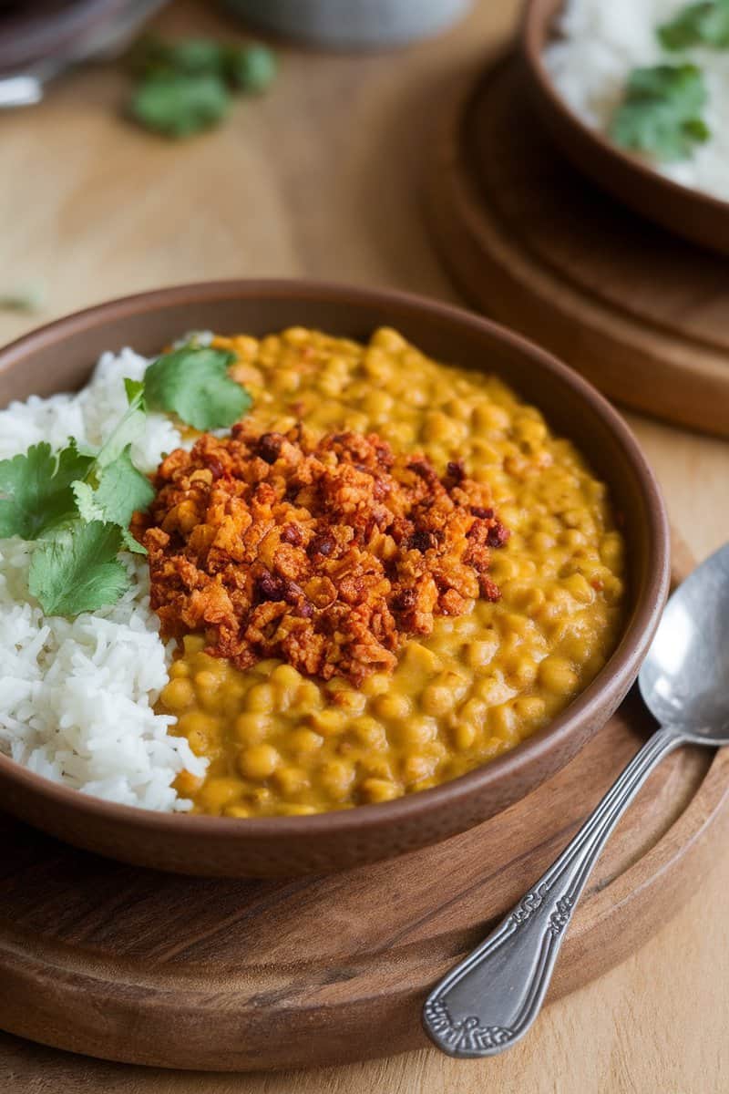 A bowl of Daal Tadka with rice, garnished with fresh coriander.