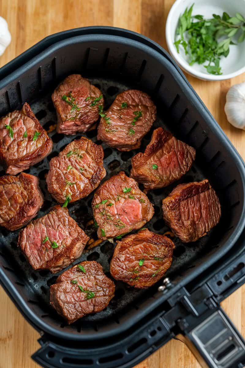 Delicious garlic butter steak bites cooked in an air fryer, garnished with parsley.