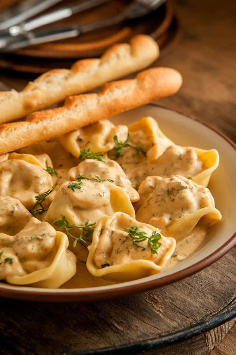 A plate of chicken tortellini pasta in a creamy garlic Parmesan sauce, garnished with herbs and accompanied by breadsticks.