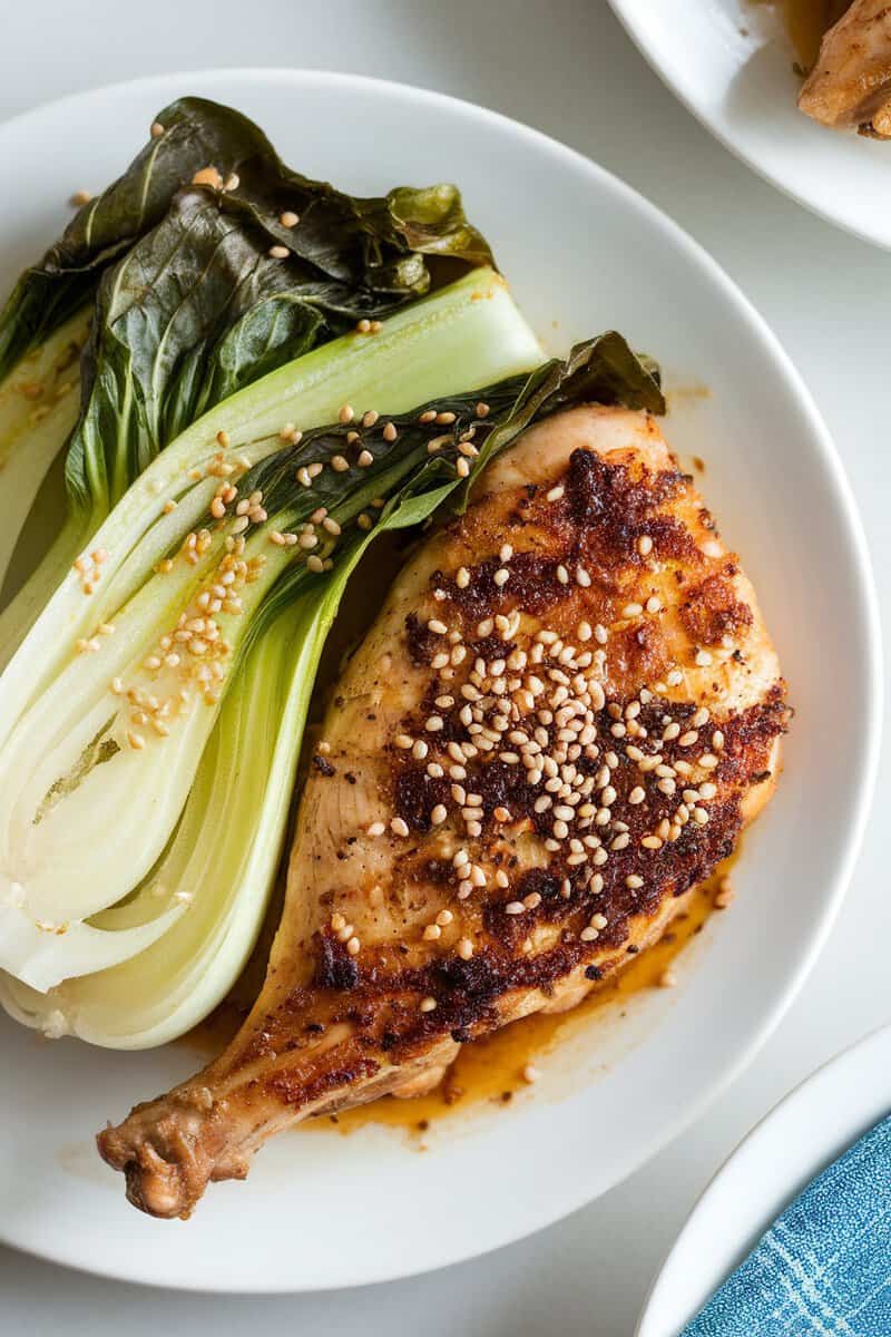 Ginger soy chicken thigh served with bok choy and sesame seeds.