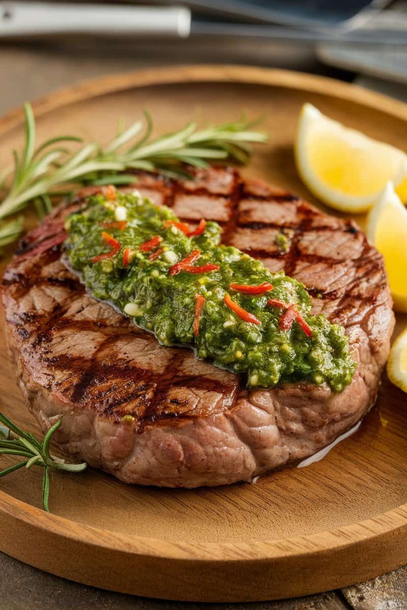 Grilled round steak with chimichurri sauce served on a wooden plate with lemon wedges.