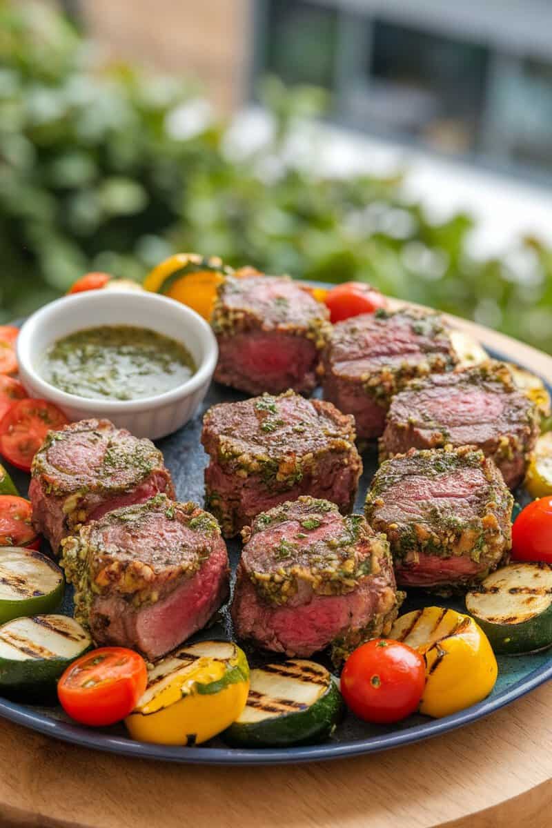 A plate of herb-crusted steak bites served with grilled vegetables and a dipping sauce.