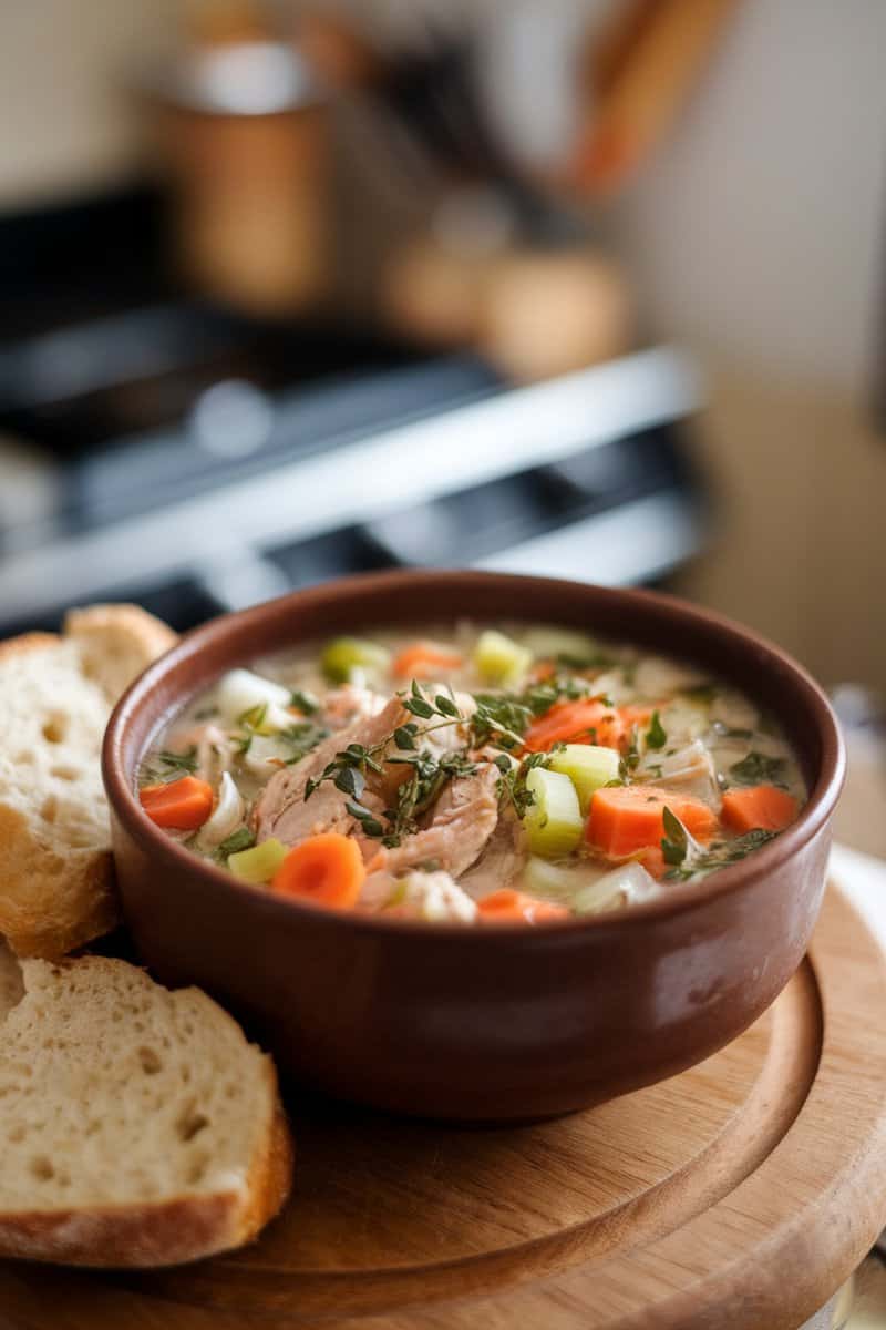 A bowl of herbed chicken and vegetable soup with bread on the side.