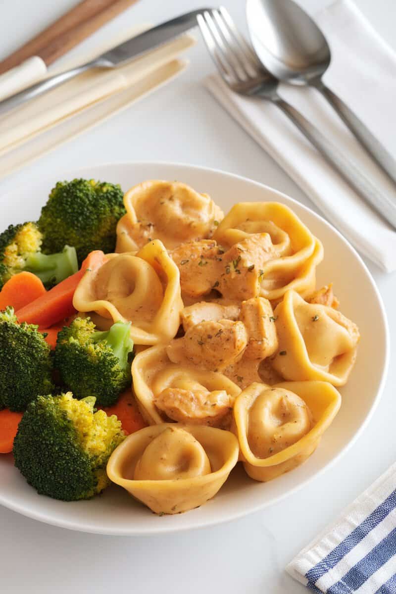 A bowl of honey mustard chicken tortellini served with steamed broccoli and carrots.