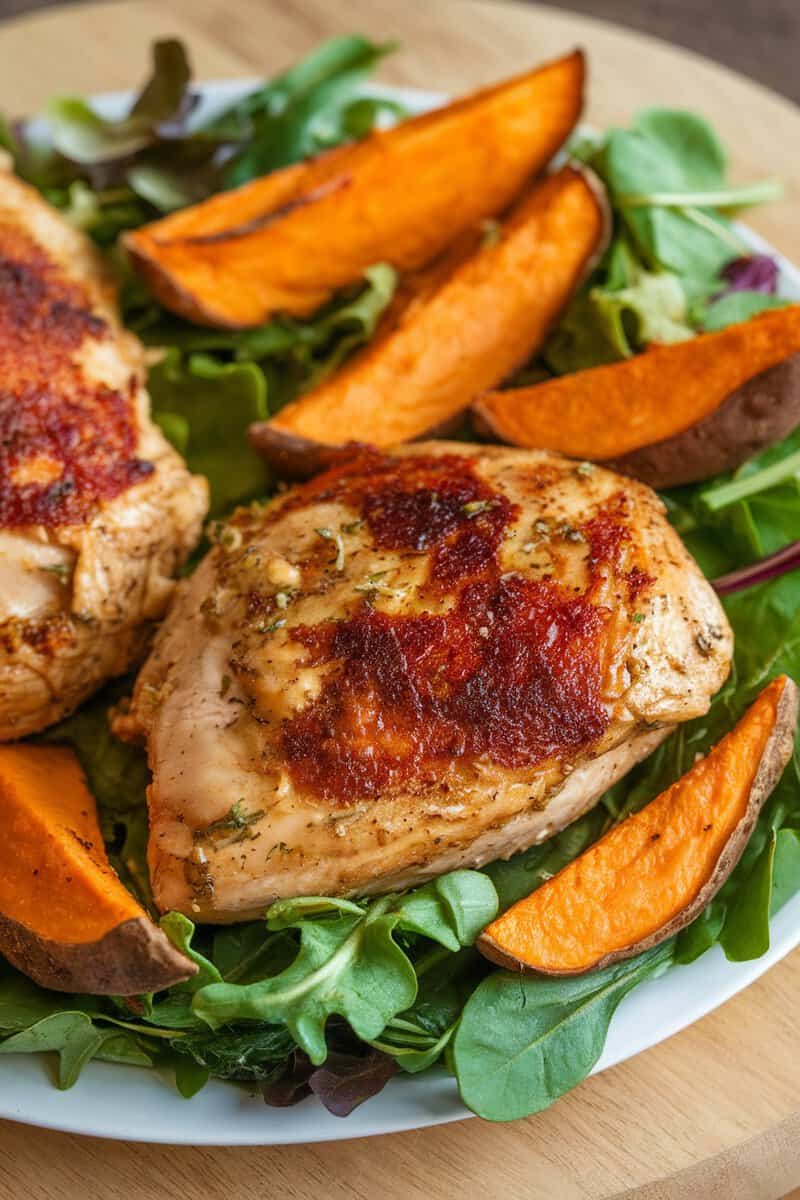 A plate of honey mustard chicken served with sweet potato wedges and greens.