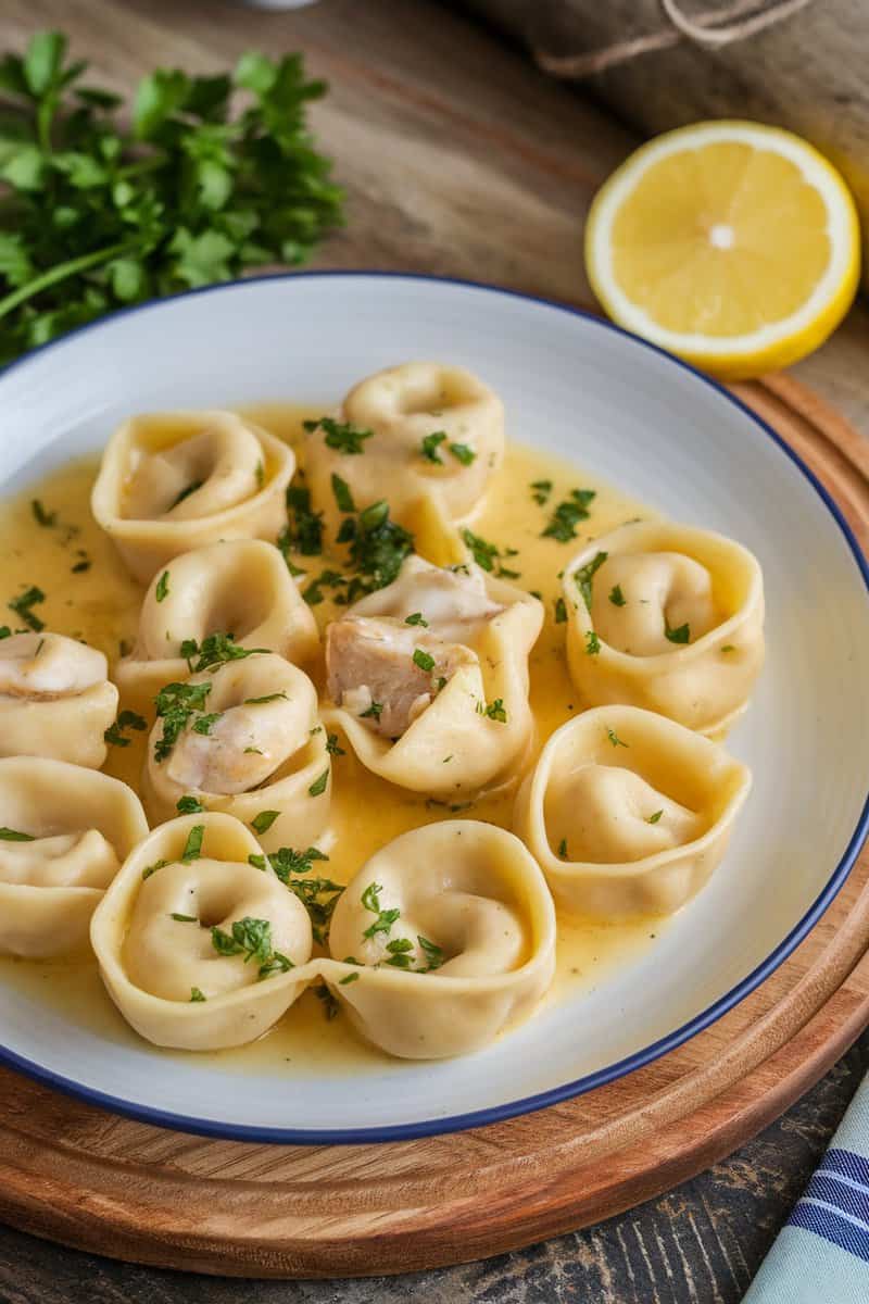 Delicious lemon butter chicken tortellini with parsley garnish