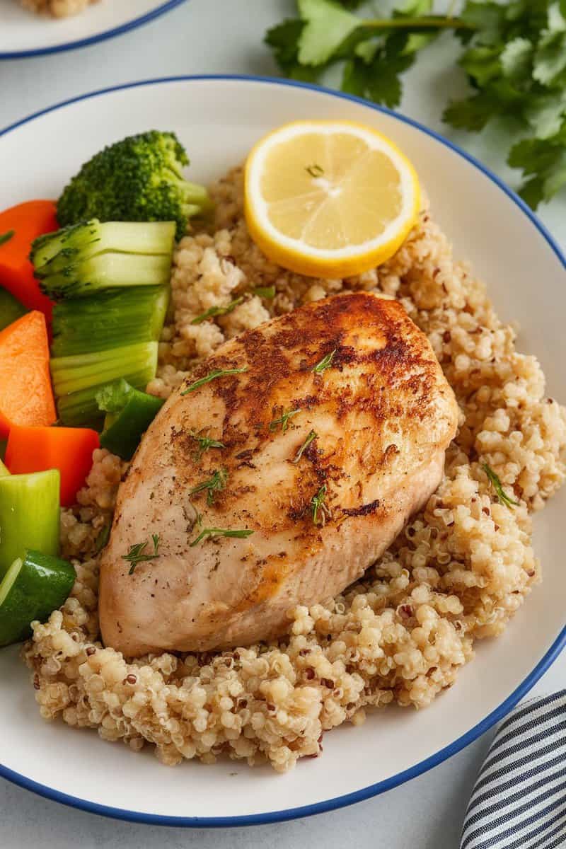 A plate of Lemon Herb Chicken served with quinoa and fresh vegetables.