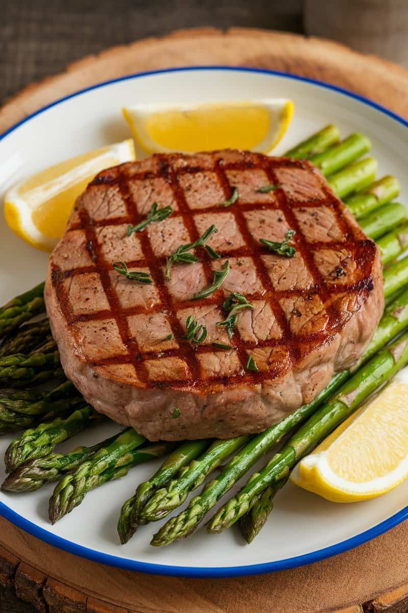 A delicious round steak garnished with herbs, served on a bed of fresh asparagus with lemon wedges.