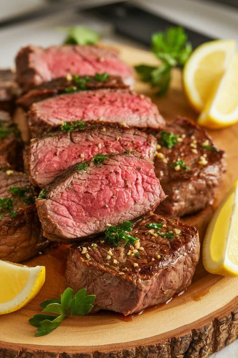 Juicy and tender lemon pepper steak bites served with lemon wedges and parsley.