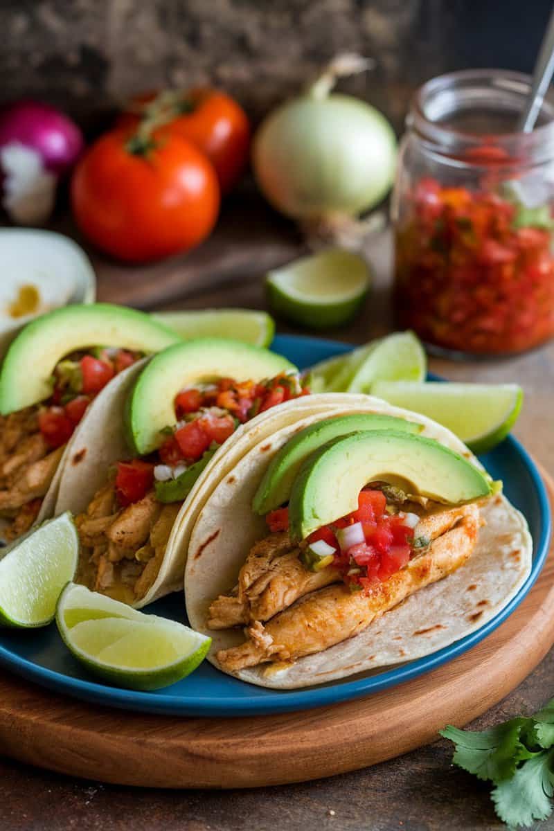 Delicious lime cilantro chicken tacos served with salsa and avocado