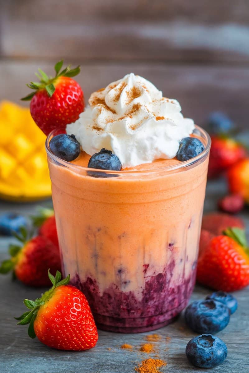 A colorful mango berry antioxidant smoothie topped with whipped cream and fresh berries.