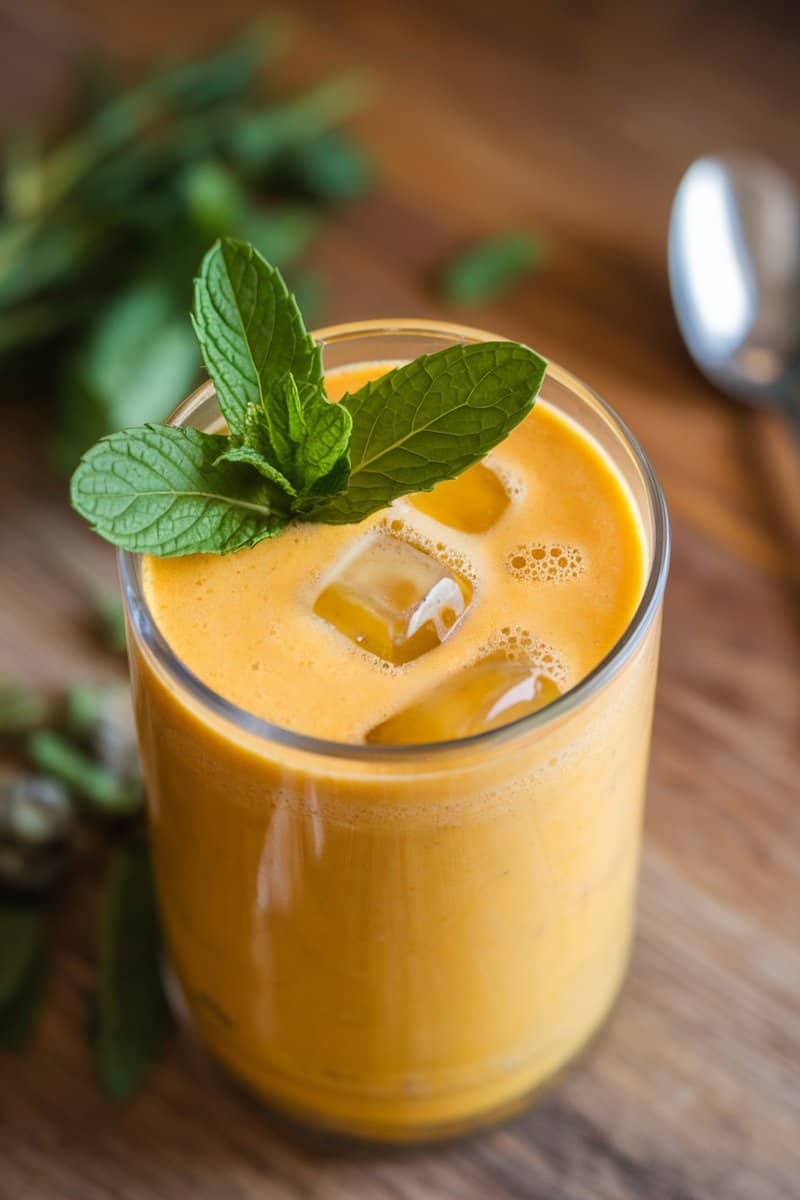 A refreshing Mango Mint Detox Smoothie with mint leaves.