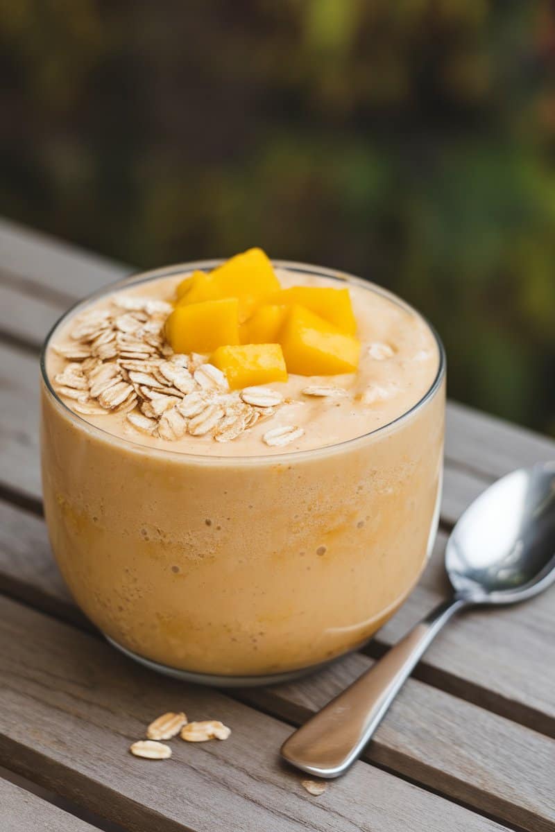 A mango oat breakfast smoothie topped with fresh mango pieces and oats.