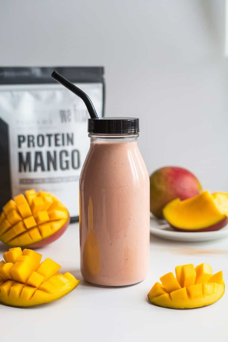 Mango Protein Power Shake in a bottle with mango slices