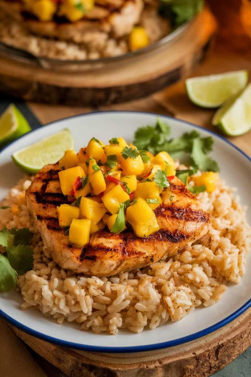 Delicious mango salsa chicken served on brown rice.