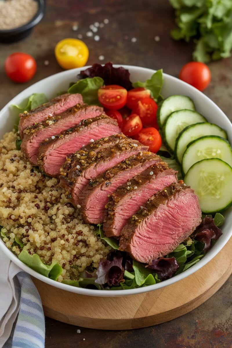 A colorful salad featuring sliced marinated round steak, quinoa, greens, and fresh vegetables.