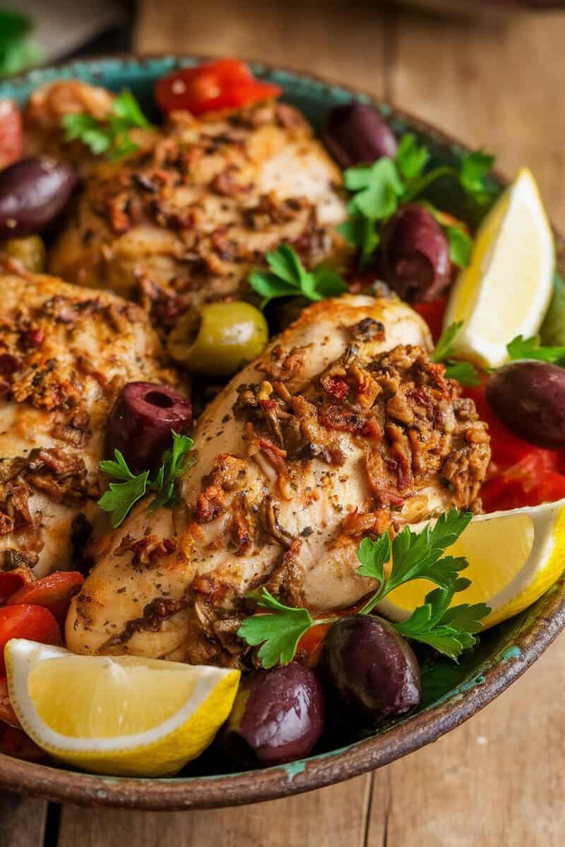 A colorful bowl of Mediterranean chicken featuring chicken breasts topped with olives, tomatoes, and garnished with lemon and parsley.