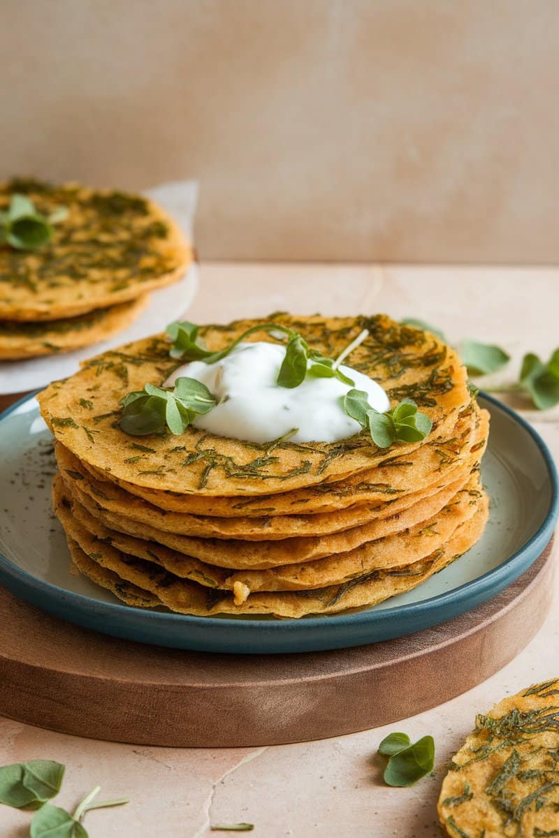 Stack of methi thepla served with yogurt and garnished with microgreens.