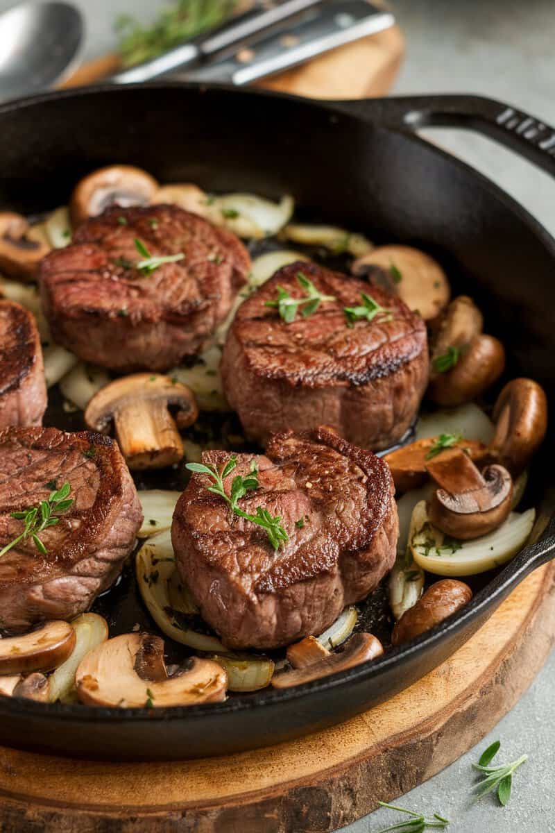 Delicious mushroom and onion steak bites made in an air fryer.