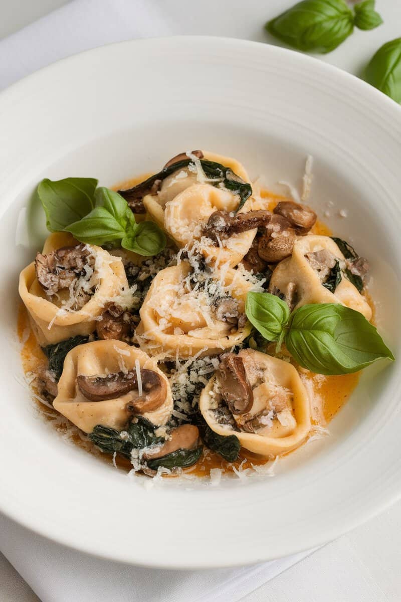 A delicious bowl of mushroom and spinach chicken tortellini topped with cheese and fresh basil.